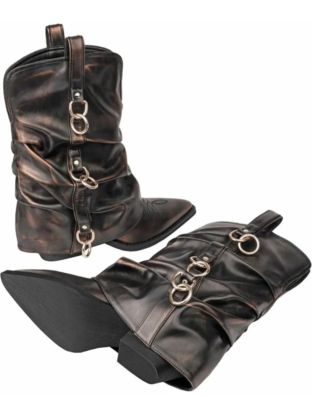 Women's Retro Gold Rubber Calf High and Pointed Toe Slouchy Riding Boots